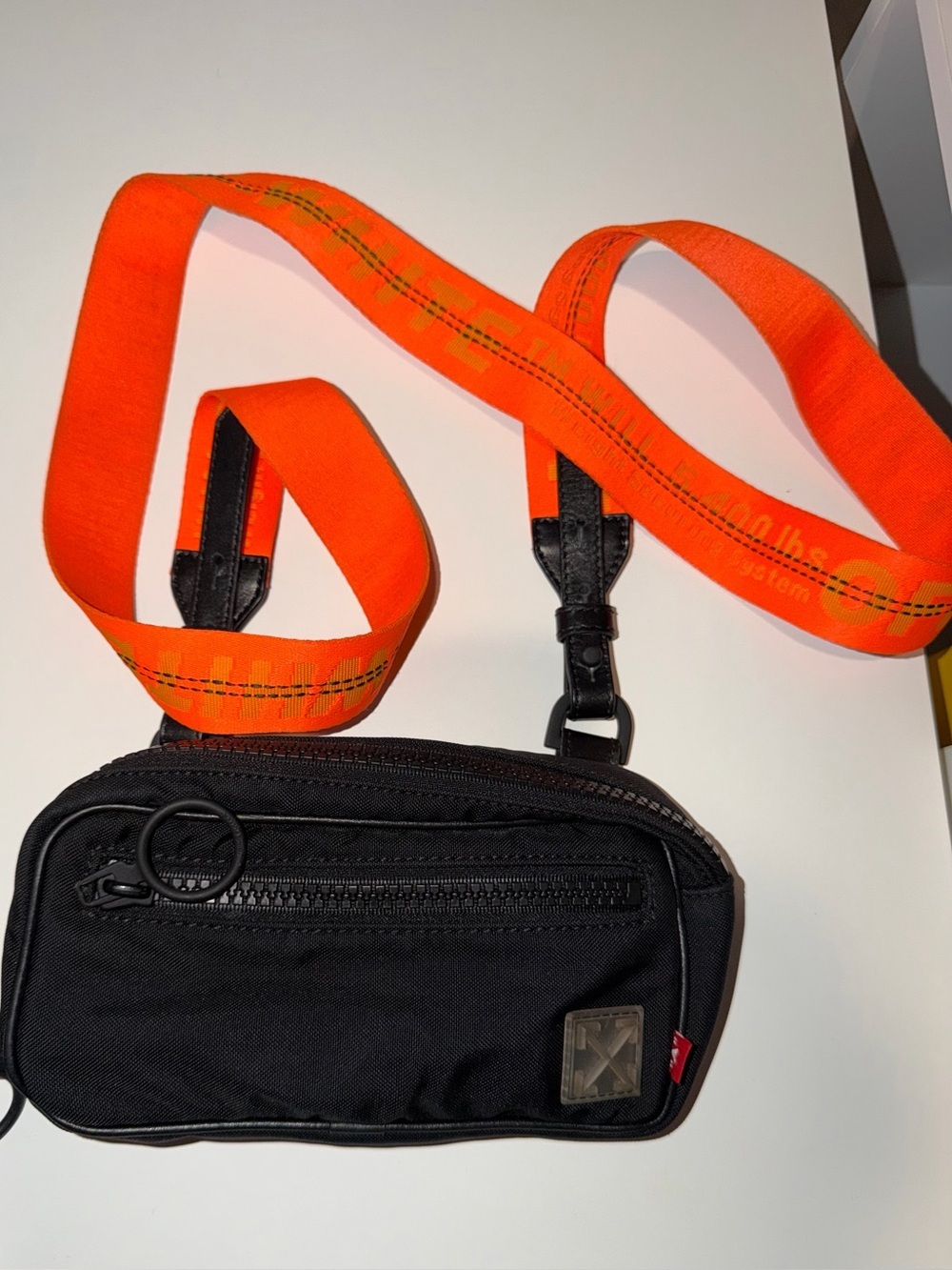 Off-White c/o Virgil Abloh Black Crossbody Bag with Orange Strap -
